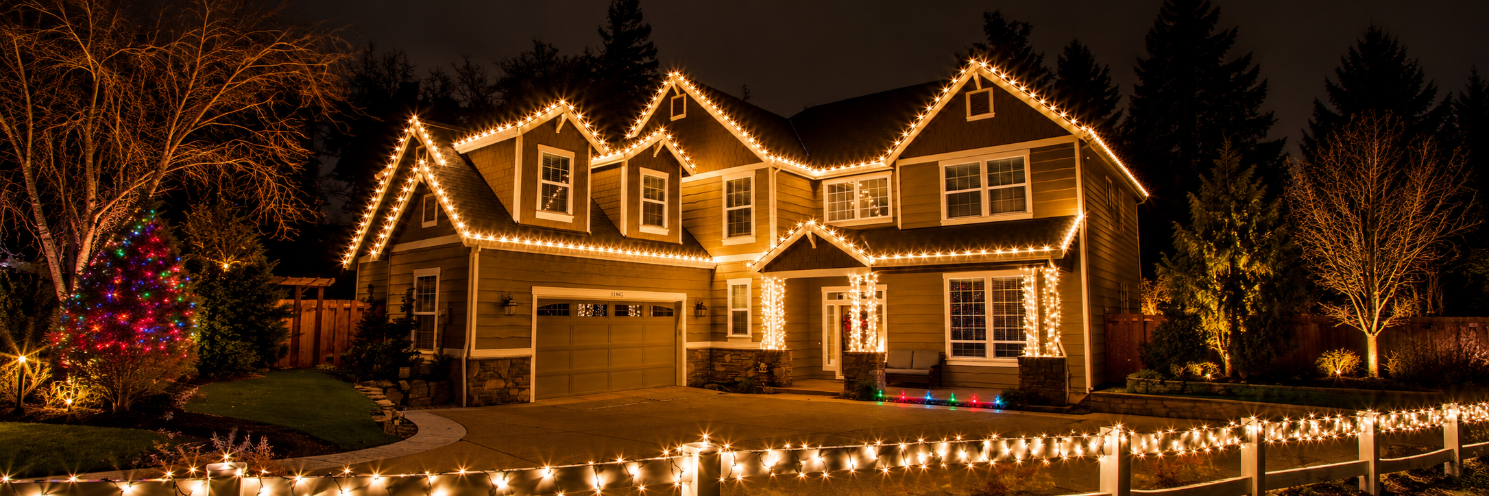 House decorated with holiday lighting